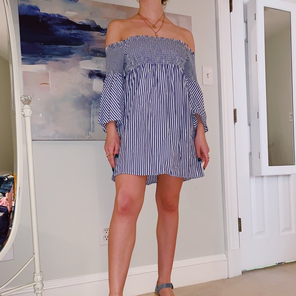 zara blue striped off shoulder dress Zara + Striped Off-the-Shoulder Dress